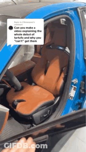 A Blue Car With Brown Seats Has A Reply From Someone Asking If They Can Make A Video Explaining The Whole Debut GIF