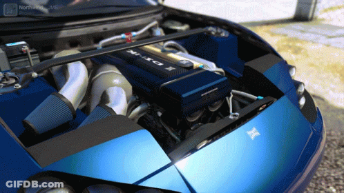 A Blue Car With The Hood Open Has A Sticker On The Hood That Says ' Northern California ' GIF