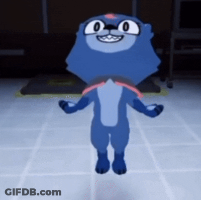 A Blue Cartoon Cat Is Standing On A Tiled Floor With Its Arms Outstretched And Smiling . GIF