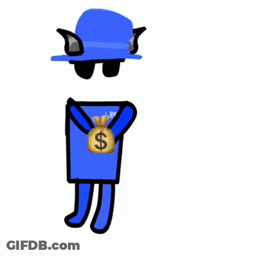 A Blue Cartoon Character Holding A Bag Of Money And A Dollar Bill GIF