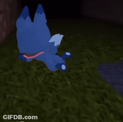 A Blue Cartoon Character Is Falling Down A Wooden Staircase . GIF