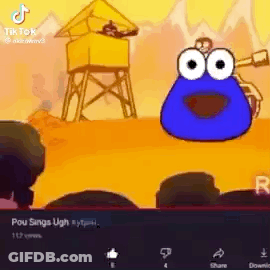 A Blue Cartoon Character Is Holding A Gun In Front Of A Yellow Building . GIF
