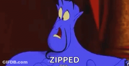 A Blue Cartoon Character Is Holding A Zipper In His Mouth And Saying `` Zipped '' . GIF