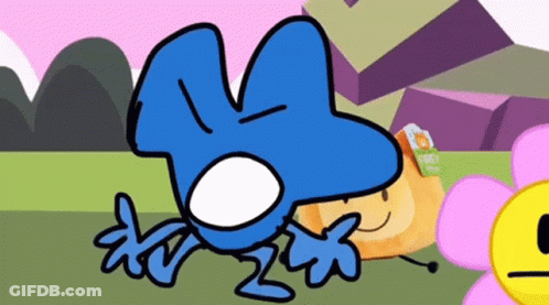 A Blue Cartoon Character Is Laying Down Next To A Pink Flower . GIF