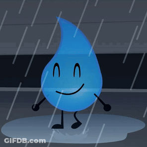 A Blue Cartoon Character Is Standing In The Rain With A Smile On Its Face GIF