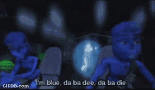 A Blue Cartoon Character Says " I 'M Blue " In A Dark Room GIF