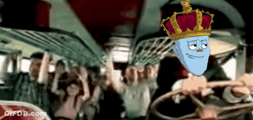 A Blue Cartoon Character Wearing A Crown Is Driving A Car GIF