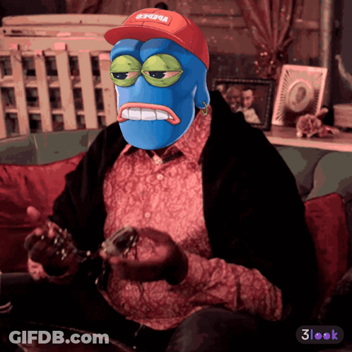 A Blue Cartoon Character Wearing A Red Hat That Says Eternal GIF