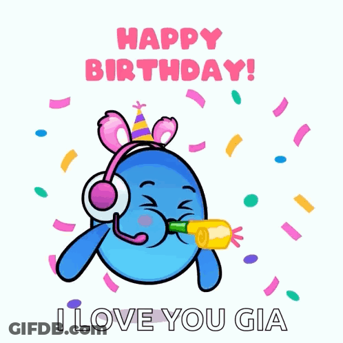 Blue Cartoon With Headphones And Party Horn GIF