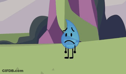 A Blue Cartoon Character With A Sad Face Is Standing In A Field . GIF