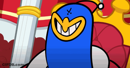 A Blue Cartoon Character With A Yellow Face And A X On His Face GIF