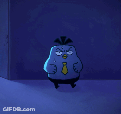 A Blue Cartoon Character With A Yellow Tie Is Standing In The Dark GIF