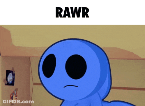 A Blue Cartoon Character With Black Eyes And The Word Rawr Below It GIF