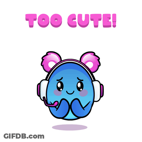 A Blue Cartoon Character With Headphones And The Words Too Cute GIF