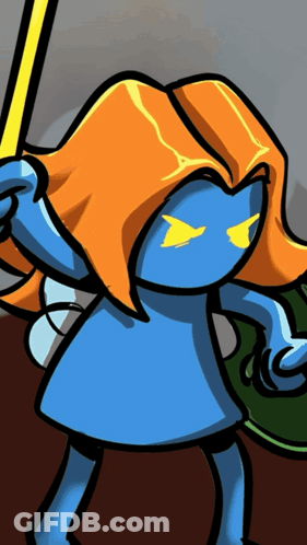 A Blue Cartoon Character With Orange Hair And Yellow Eyes Is Holding A Sword GIF