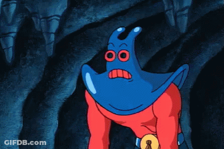 A Blue Cartoon Character With Red Eyes And A Red Shirt GIF