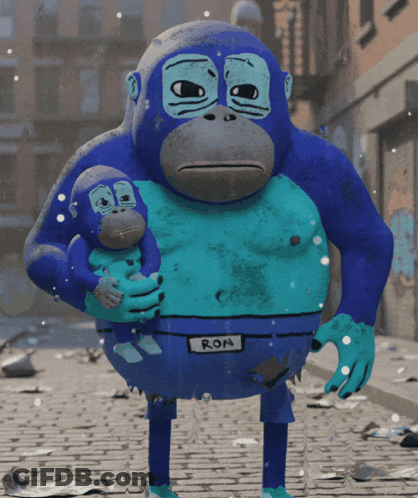 A Blue Cartoon Character With The Name Ron On His Pants GIF