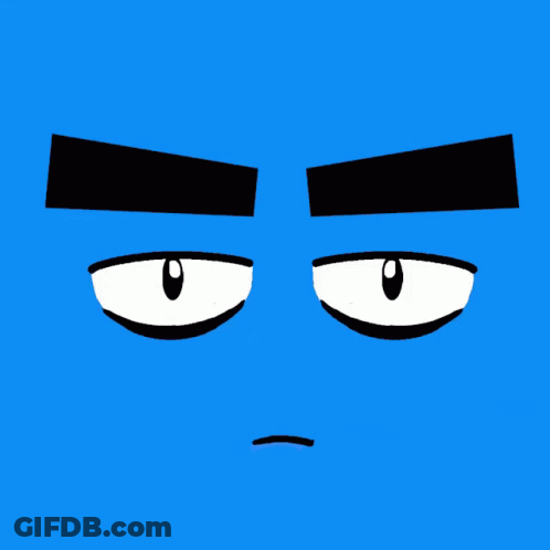 A Blue Cartoon Face With Black Eyebrows And A Sad Expression GIF