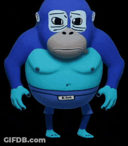 A Blue Cartoon Monkey With A Pop Logo On His Shorts GIF