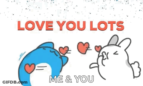 A Blue Cat And A White Rabbit Are Holding Hearts In Their Mouths . GIF