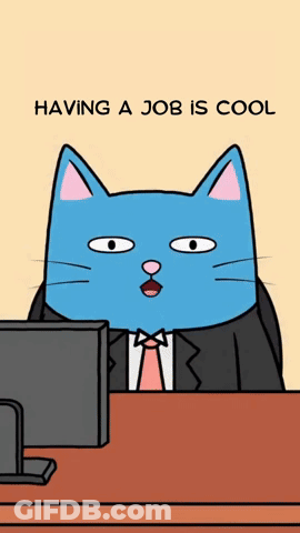 A Blue Cat In A Suit And Tie Is Sitting In Front Of A Computer With The Words " Having A Job Is Cool " GIF