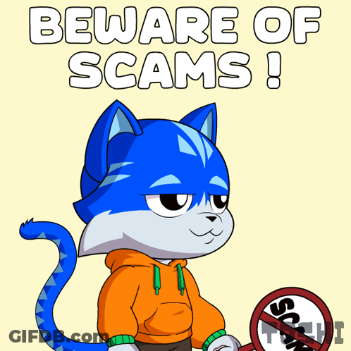 A Blue Cat Is Holding A Sign That Says No Scam GIF
