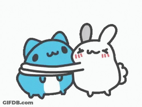 A Blue Cat Is Hugging A White Rabbit . GIF
