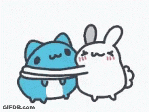 A Blue Cat Is Hugging A White Rabbit . GIF