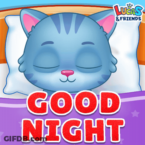 A Blue Cat Is Sleeping In A Bed With The Words " Good Night " Below It GIF