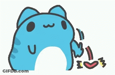 A Blue Cat With A Mustache Is Standing Next To A Pile Of Pieces Of Paper . GIF