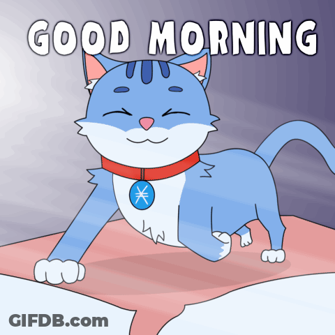 A Blue Cat With A Red Collar Is Laying On A Bed With The Words " Good Morning " Above It GIF