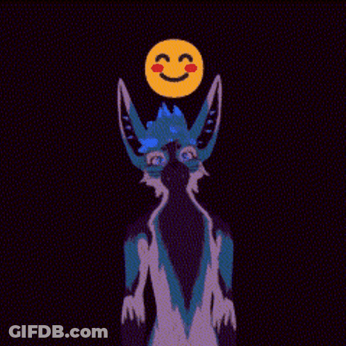 A Blue Cat With A Yellow Smiley Face On Its Head GIF