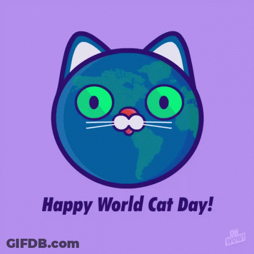A Blue Cat With Green Eyes And The Words Happy World Cat Day Below It GIF
