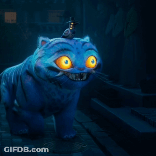 A Blue Cat With Yellow Eyes And A Bird On Its Head Has The Number 60 On Its Paws GIF