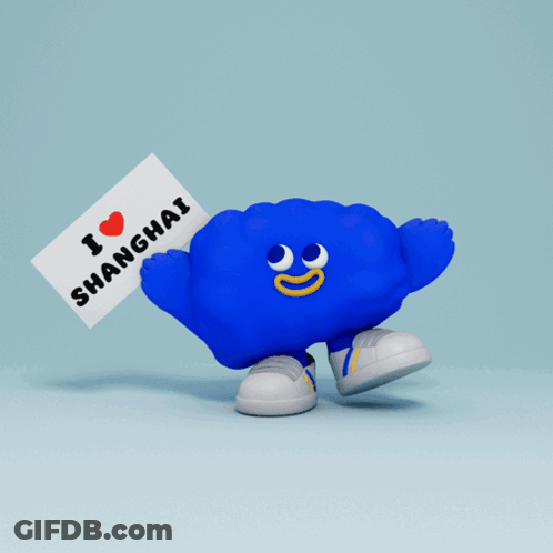 A Blue Character Holding A Sign That Says I Love Shanghai GIF