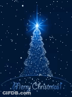 A Blue Christmas Tree With The Words Merry Christmas Written Below It GIF