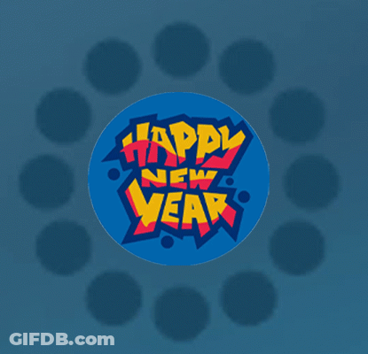 A Blue Circle With The Words Happy New Year Surrounded By Cat Faces GIF