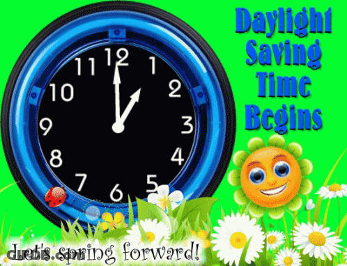 A Blue Clock With The Words Daylight Saving Time Begins Below It GIF