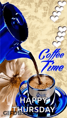 A Blue Coffee Pot Pouring Coffee Into A Cup On A Saucer GIF