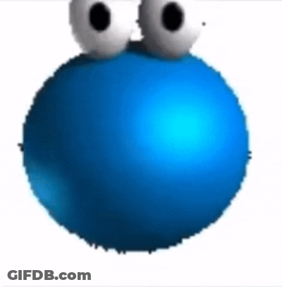 A Blue Cookie Monster With White Eyes Is Standing On A White Surface . GIF