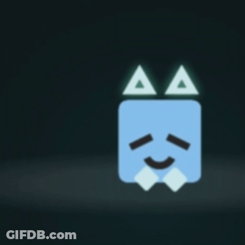 A Blue Cube With Cat Ears And A Smiling Face On It GIF