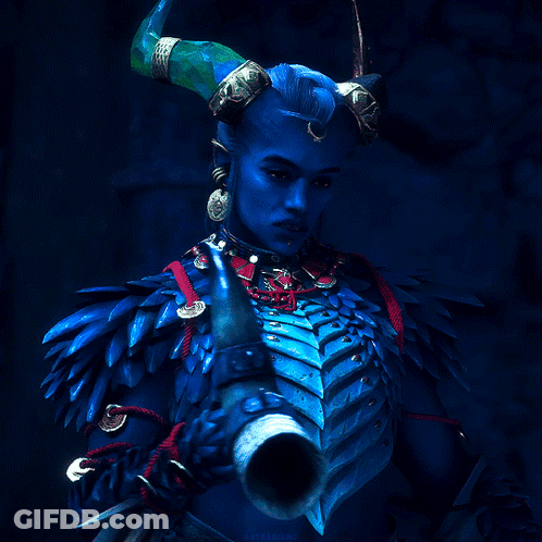 A Blue Demon With Horns And A Skull Bracelet GIF