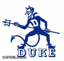 A Blue Devil With A Trident And The Word Duke On The Bottom GIF