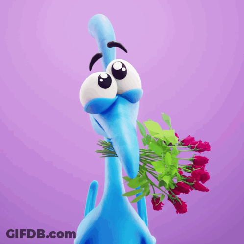 A Blue Dinosaur Holding A Bunch Of Red Roses GIF