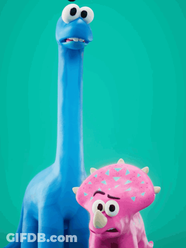 A Blue Dinosaur Is Standing Next To A Pink Triceratops GIF