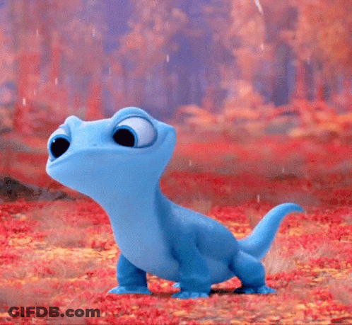 A Blue Dinosaur With A Long Neck Is Standing In A Field Of Red Leaves GIF