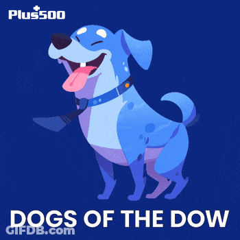 A Blue Dog With A Tie And The Words " Dogs Of The Dow " Below It GIF