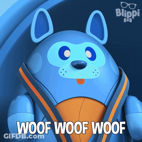 A Blue Dog With The Words Woof Woof Woof Written Below It GIF