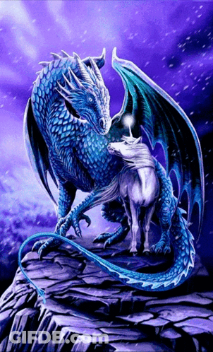 A Blue Dragon And A White Horse Standing On A Rock GIF