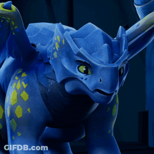 A Blue Dragon With Green Eyes And Yellow Spots On It 'S Body GIF
